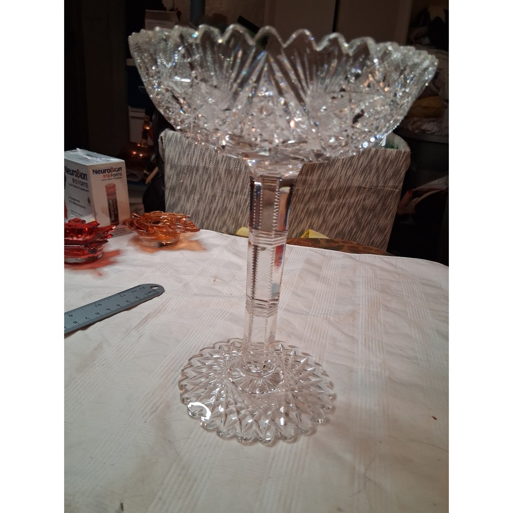 Vintage Cut Lead Crystal Pedestal Compote Bowl 8 inch Tall Star Fan Pattern